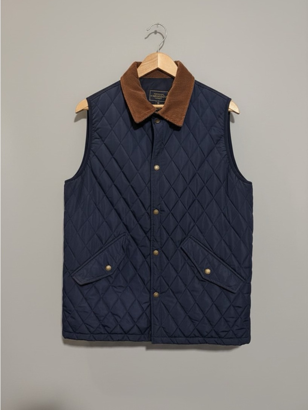 Quilted Navy Vest with Brown Corduroy Collar